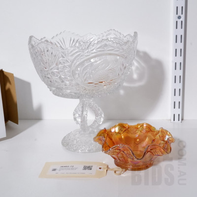 Pressed and Cut Glass Punch Bowl with Swan Motif and Marigold Carnival Glass Bowl
