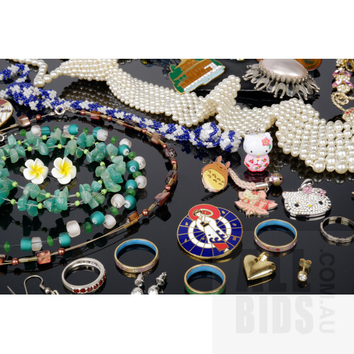Collection of Bead Necklaces, Souvenir Brooches, Cloisonne and More
