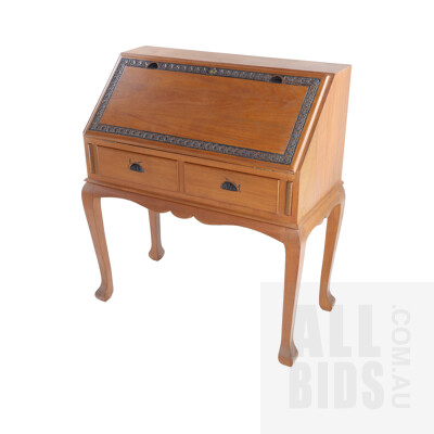 Vintage Teak Bureau with Carved and Stained Floral Border and Cabriole Legs 