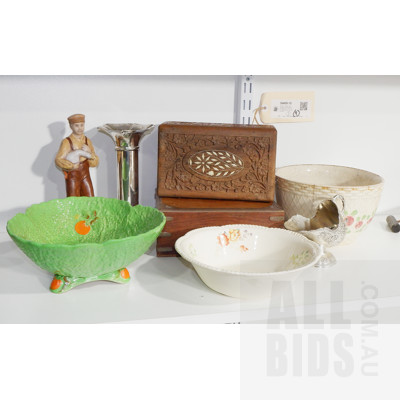 Small Bone Inlaid Teak Box, Crown Devon Cabbage Leaf Form Bowl, Silver Plated Candlestick and More
