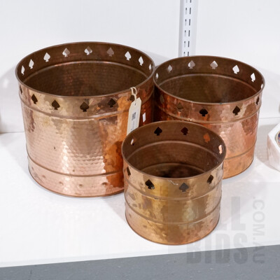 Three Graduating Copper Planters with Spade Cutout Detail