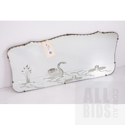 Vintage Hanging Mirror with Scalloped Top Edge and Swan Themed Decoration