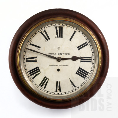 Vintage Ingram Brothers of Melbourne and London Wall Clock with Roman Numeral Face and Mahogany Surround - Early 20th Century