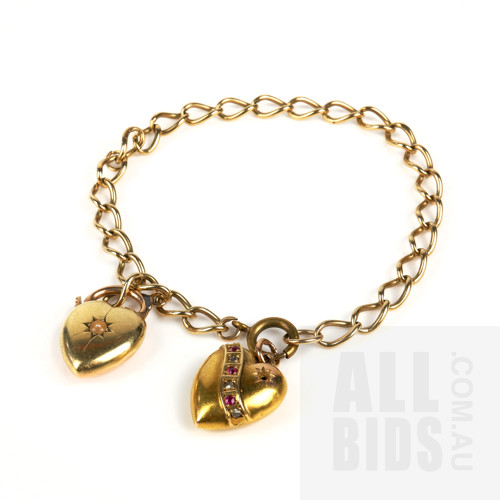 9ct Yellow Gold Curb Link Bracelet with Two 15ct Yellow Gold Heart Charms, 13.2g