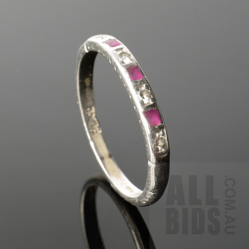 Platinum White Gold Ring with Four Single Cut Diamonds Alternating with Three Rubies, 2.3g