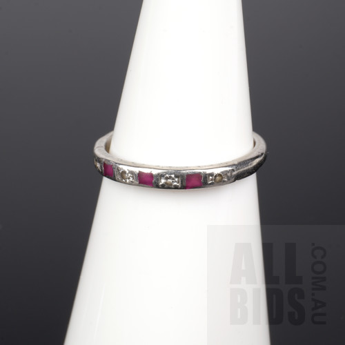 Platinum White Gold Ring with Four Single Cut Diamonds Alternating with Three Rubies, 2.3g