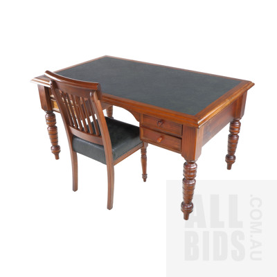 Antique Style Stained Pine Four Drawer Desk with Leatherette Insert Top and Matching Chair