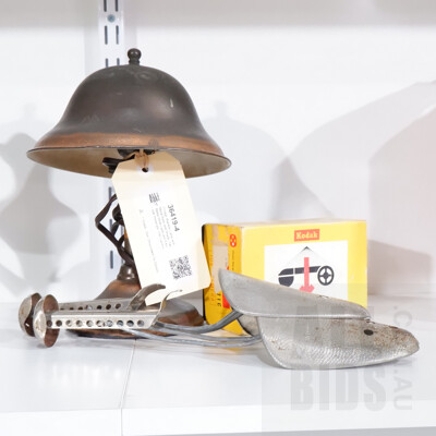 Vintage Waralite Lamp with Metal Base and Shade, Two Metal Shoe Lasts and A Kodak Instamatic 104 Camera
