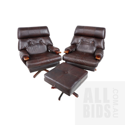 Pair of Vintage Chocolate Brown Leather Swivel Armchairs with Matching Footstool (3)