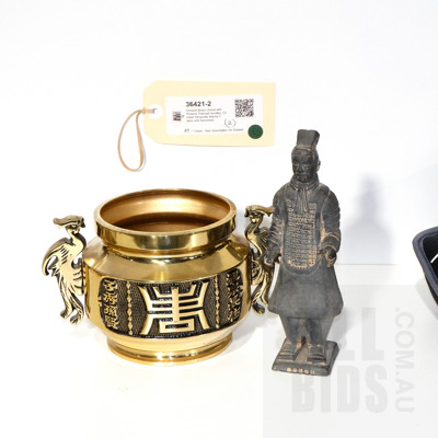 Chinese Brass Censer with Phoenix Handles and Chinese Terracotta Warrior Figure and Barometer