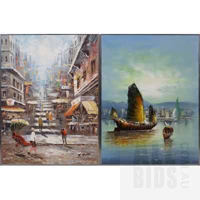 20th Century Asian School, Two Scenes of Hong Kong, Acrylic on Canvas, Each 60 x 45 cm (2)