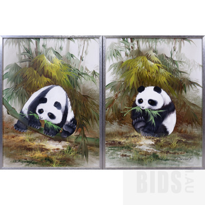 20th Century Asian School, Pandas, Acrylic on Canvas, Each 57 x 43 cm