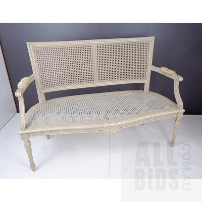 Louis Style Painted Pine and Rattan Settee
