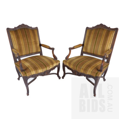 A Pair of Vintage Louis Style Stained Ash Armchairs with Striped Fabric Upholstery