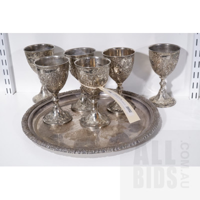 Six Silver Plated Goblets with Floral Decoration and Metal Serving Tray