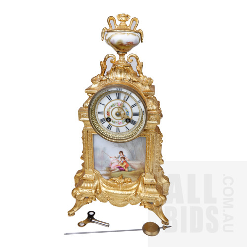 Antique Style Gilded Spelter Mantle Clock with Hand Painted Porcelain Plaque and Urn Finial