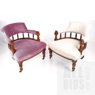 Two Victorian Mahogany Salon Chairs with Carved Spindle Backs and Contemporary Upholstery, Circa 1880