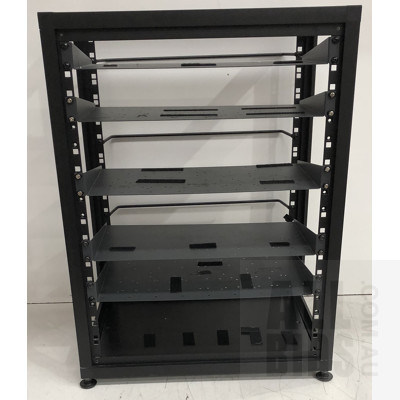 Black 14RU Communications Rack w/ Cable Management Bars & Cantilever Shelves