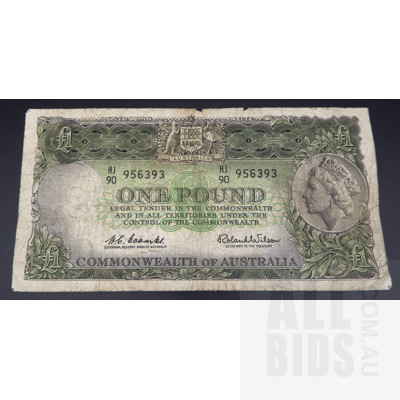1961 Australian One Pound Banknote Coombs/Wilson HJ 90 956393