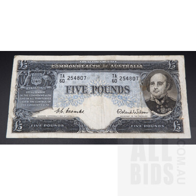 1954 Australian Five Pound Banknote Coombs/Wilson TA 60 254807