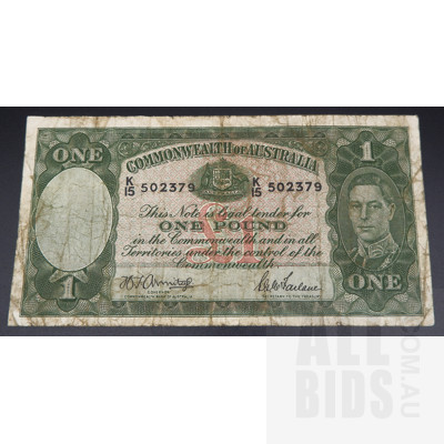 1942 Australia One Pound Banknote Armitage/MacFarlane K 15 502379