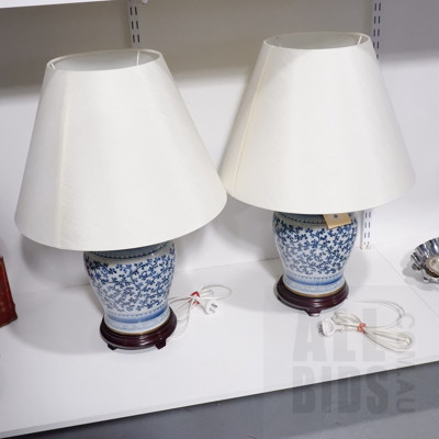 Pair of Decorative Contemporary Chinese Blue and White Crackle Glaze Table Lamps with Quality White Shades (2)