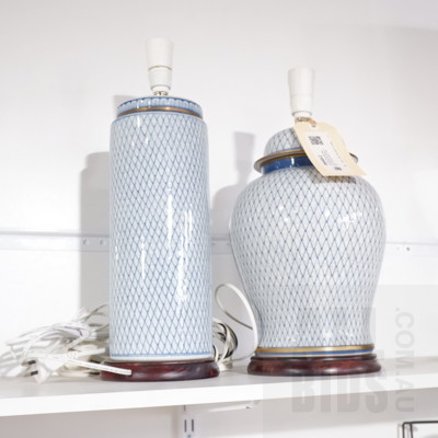 Contemporary Chinese Blue and White Urn and Column Form Table Lamps, Both with Similar Geometric Pattern