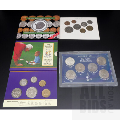 1999 Uncirculated Coin Set International Year of Older Persons, 1991 Uncirculated Coin Set 25 Years of Decimal Currency and Australian 50 Cent Collection Including 1966 Round Coin