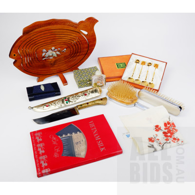 Variety Asian Collectibles incl. Painted Cat Perfume Bottle and Ceremonial Dagger Plus English Hand Brush Set (9)