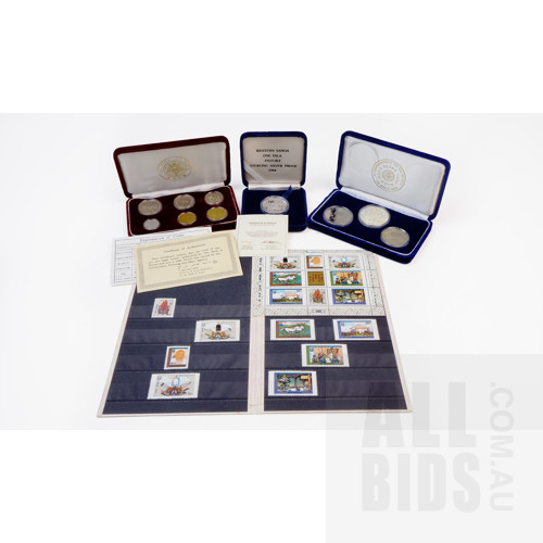 Three Korean Proof Coins Sets, Including One Sterling Silver Coin, with Collection of Mongolian Stamps