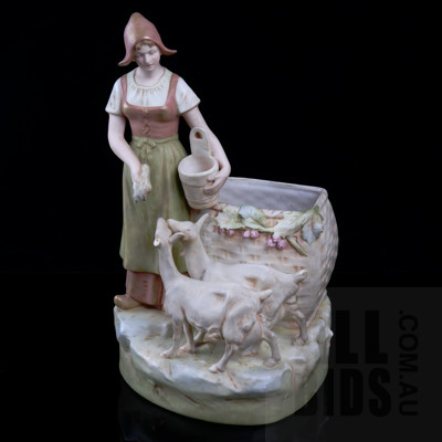 Royal Dux Porcelain Figure of Woman Feeding Goats, Early to Mid 20th Century