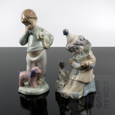 Lladro Figure of a Clown and Dog and a Nao Figure of a Child on the Telephone