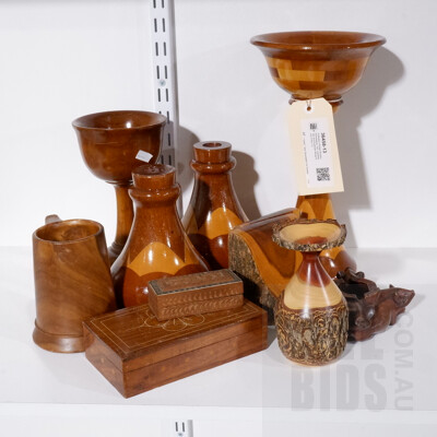 Collection Vintage Wooden Homewares, Incl: Candlesticks and Australian Mulga Book Ends (11)