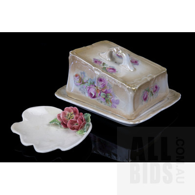 Antique Porcelain Frosted Butter Dish with Handpainted Floral Design -Marked to Base and a Scalloped Edge Trinket Dish with Floral Motif (2)