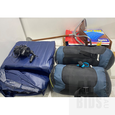 Assorted Camping Equipment, Including Sleeping Bags, Leather Camping Chair