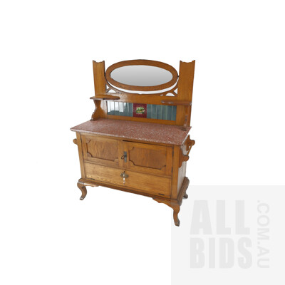 Antique Arts and Crafts Oak Wash Stand with Marble Top, Oval Mirror and Tiled Back, Early 20th Century