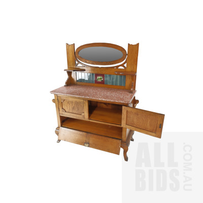 Antique Arts and Crafts Oak Wash Stand with Marble Top, Oval Mirror and Tiled Back, Early 20th Century