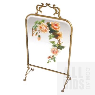Antique Art Nouveau Hand Painted Mirror Fire Screen with Brass Frame Stand Circa 1890-1910