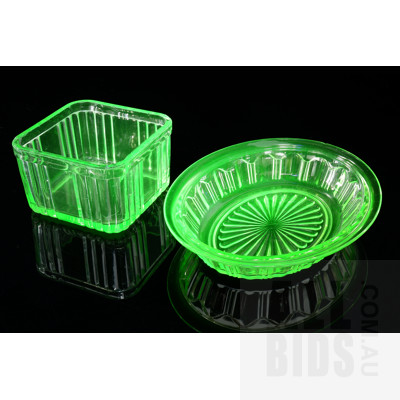 Vintage Uranium Glass Oval Bowl and Square Butter Dish