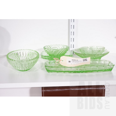 Vintage Collection of Green Depression Glass < Including Serving Dishes and Trinket Bowls