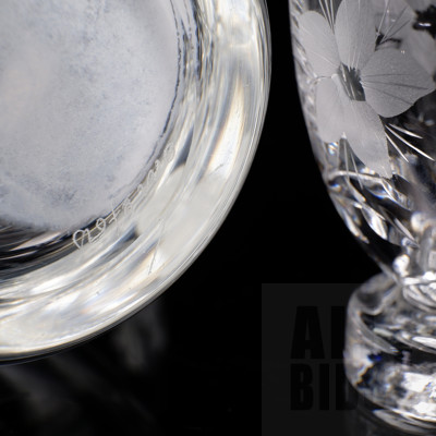 Vintage Orrefors Sweden Etched Floral Crystal Decanter and Six Glasses