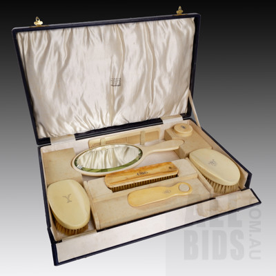 Vintage Seven Piece WH Farmer & Co Faux Ivory Vanity Travel Set in Original Case, Circa Early 1930's