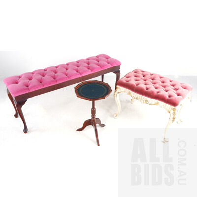 Louis Style Stool with Buttoned Pink Fabric Upholstery, Contemporary Wine Table and Another Settee with Creole Legs