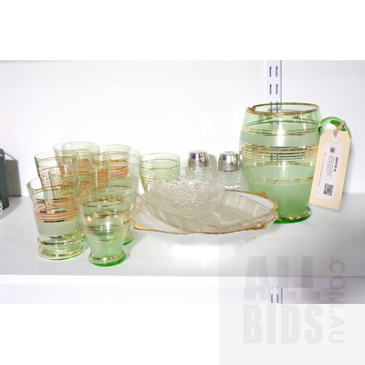 Vintage Frosted Green Gilded Glasswear with Pitcher with a Milk Glass Grapevine dish Plus More (18)