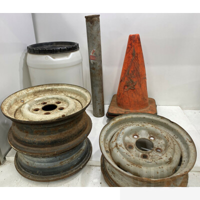 Steel Car Wheels, Set of Orange Cones, Plastic Bucket and Steel Pipe