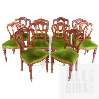 Ten Antique Style Mahogany Admiral Dining Chairs with Green Fabric Upholstery