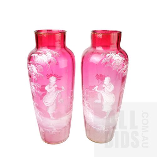 Pair of Victorian Mary Gregory Cranberry Glass Vases