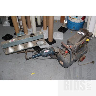 ER77 Electric Air Compressor, Ryobi 210mm Angle Grinder and Bay of Heat Lamps