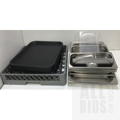 Assorted Catering Equipment - Including Stainless Steel Trays, Plastic Service Trays, And Dishwasher Rack