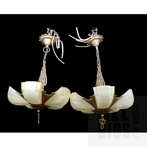 Pair of Art Deco Style Patinated Metal Batwing Pendant Light Fittings,  with Five Slipper Glass Shades Each, Mid 20th Century